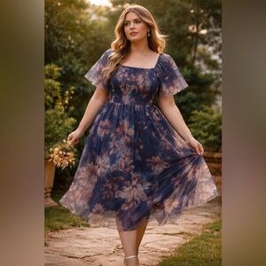Baltic Born Smocked Floral Tulle Midi Dress Romantic Cottagecore Dark Academia